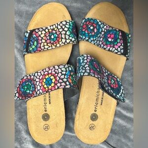 Eric Michael Women’s Mosaic Leather Dual Strap Slide Sandals Sz 37 (6.5-7)
